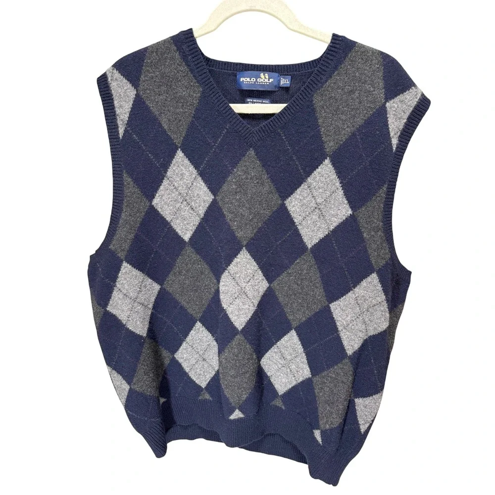 Polo Golf Ralph Lauren Sweater Vest Mens XL Navy Argyle Merino Lambswool V-Neck